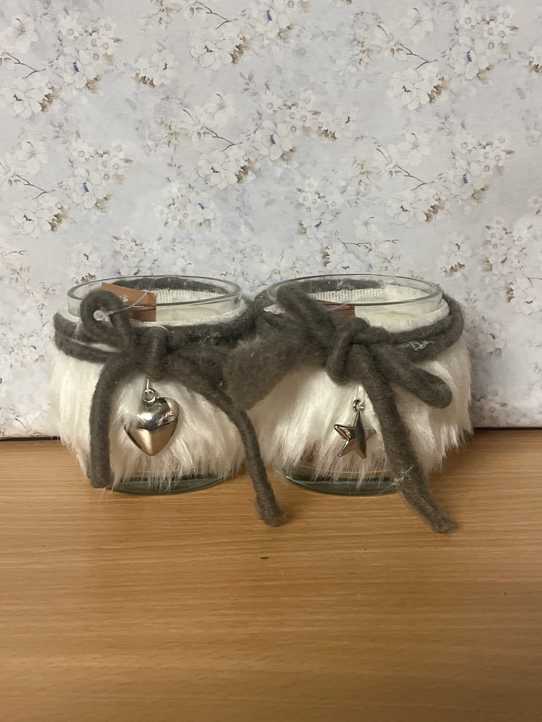 Glass Tealight Holder- White Fur 8cm - Pair