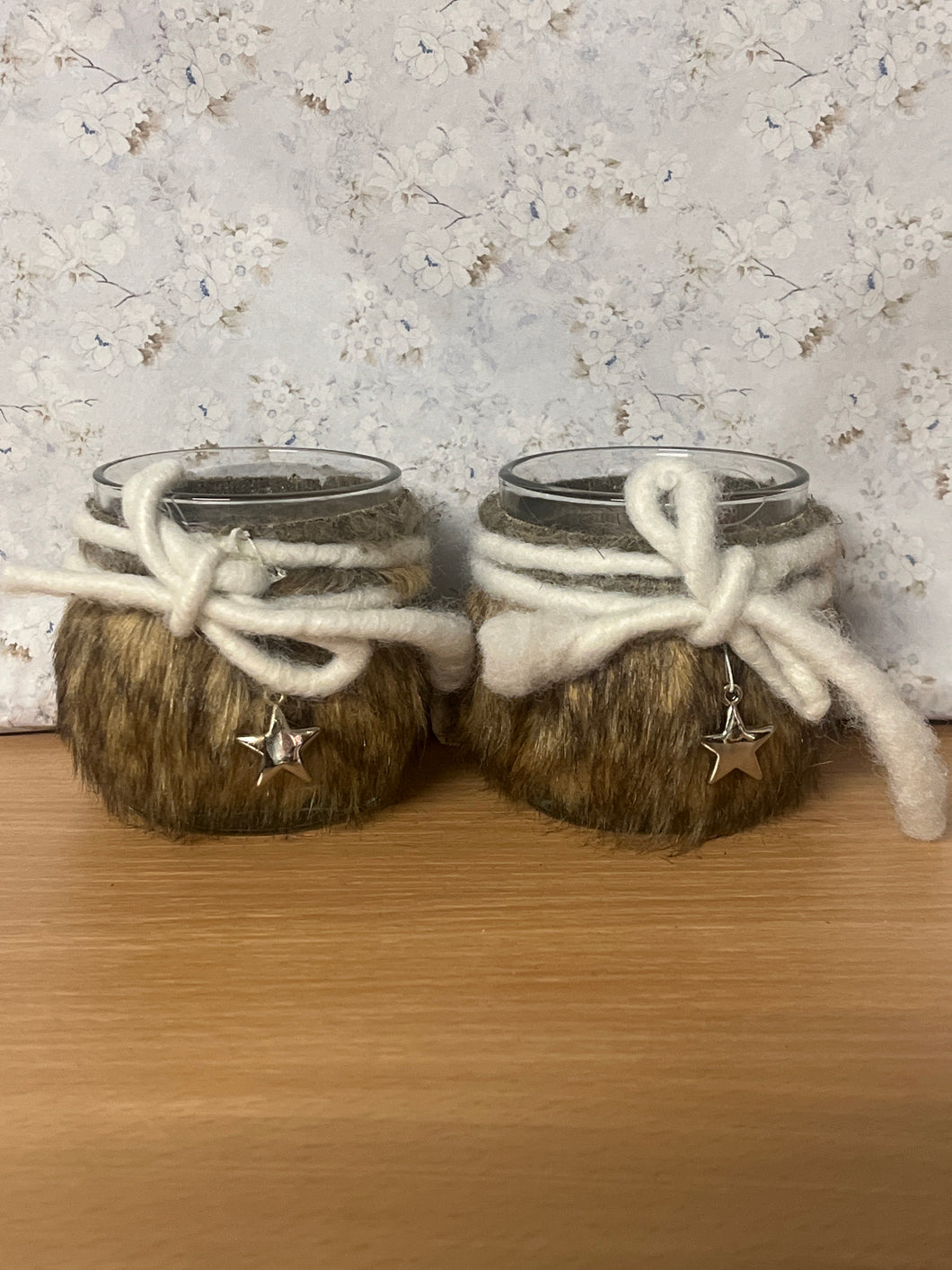 Glass Tealight Holder- Brown Fur 8cm - Pair