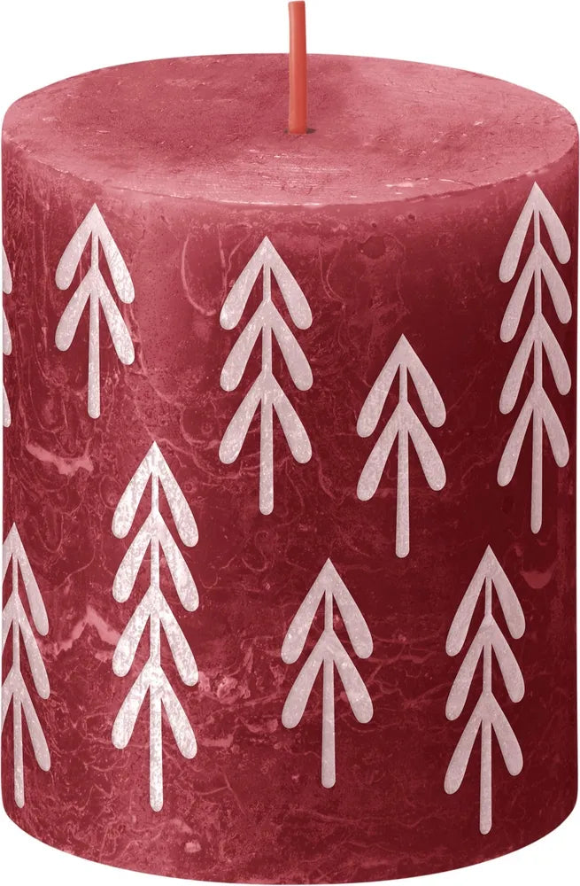 Bolsius Rustic Festive Silhouette Pillar Candle - 80x68mm - Delicate Red with Tree