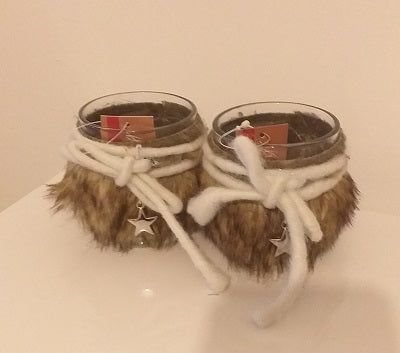 Glass Tealight Holder- Brown Fur 8cm - Pair