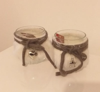 Glass Tealight Holder- White Fur 8cm - Pair