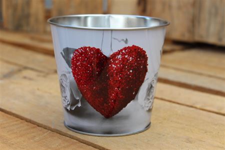 Small Zinc White Pot Cover With Red Heart And White Rose H11xW12.5x9cm