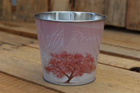 Small Zinc Pink Pot Cover With Pretty Romantic Pink Tree  H11xW12.5x9cm